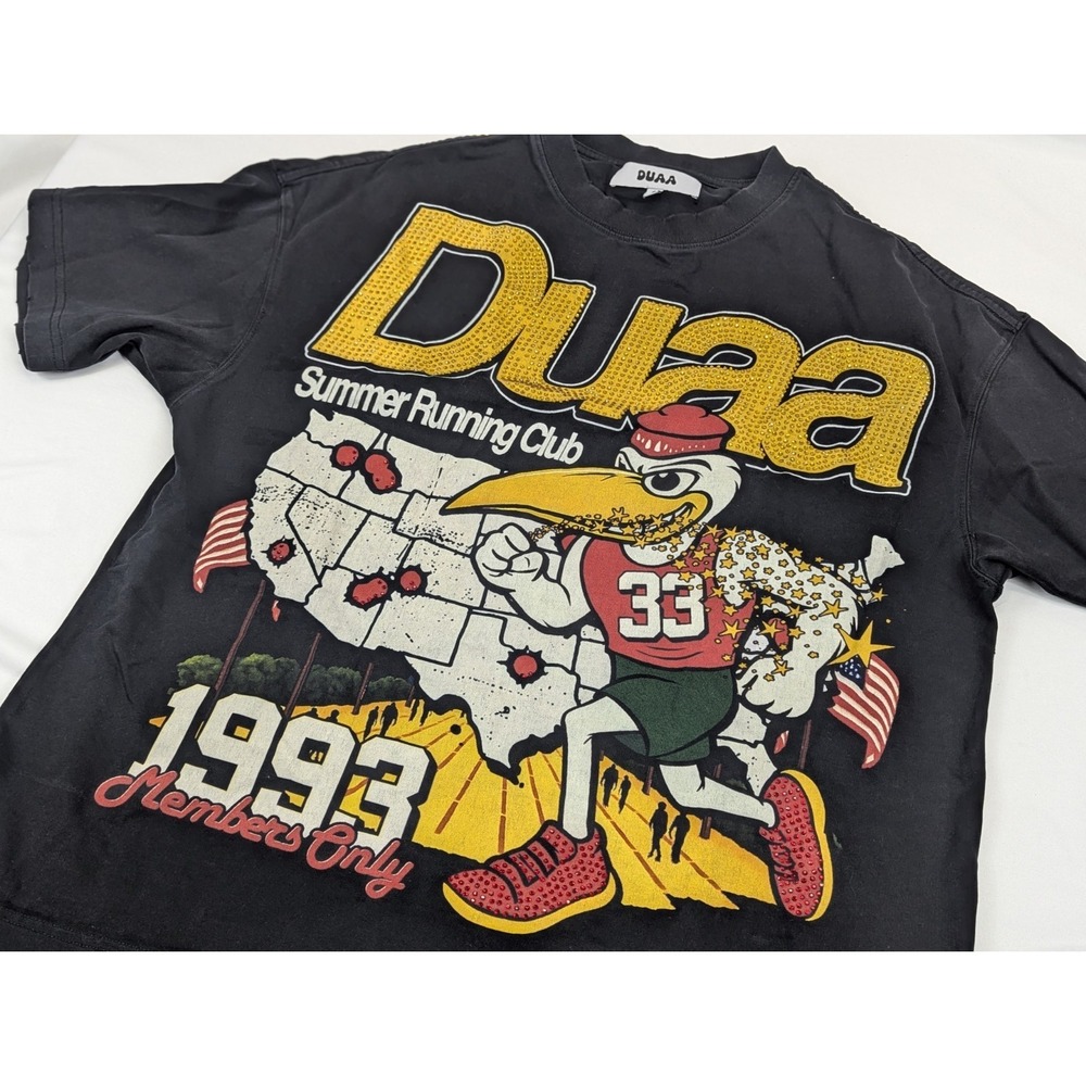 Duaa Summer Running Shirt Black Y2K Rhinestone Box Fit Mens Size‎ Small Run Club